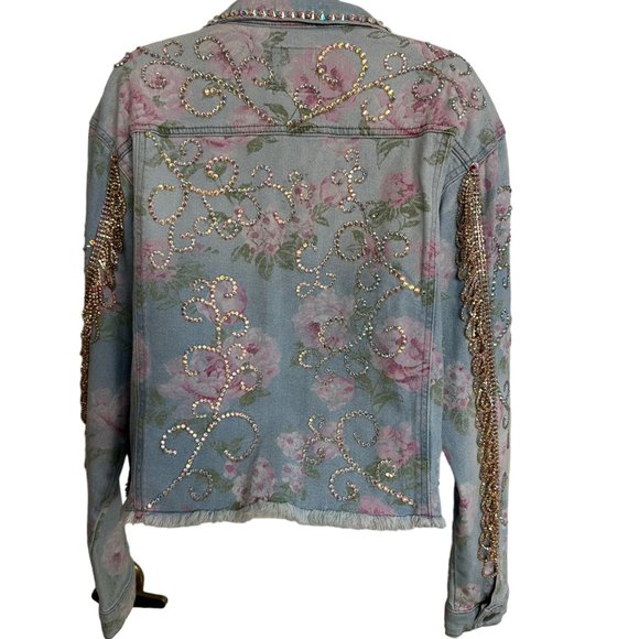 (H-216) Embellished Rose Print Denim Jean Jacket Size L - Picture 2 of 14